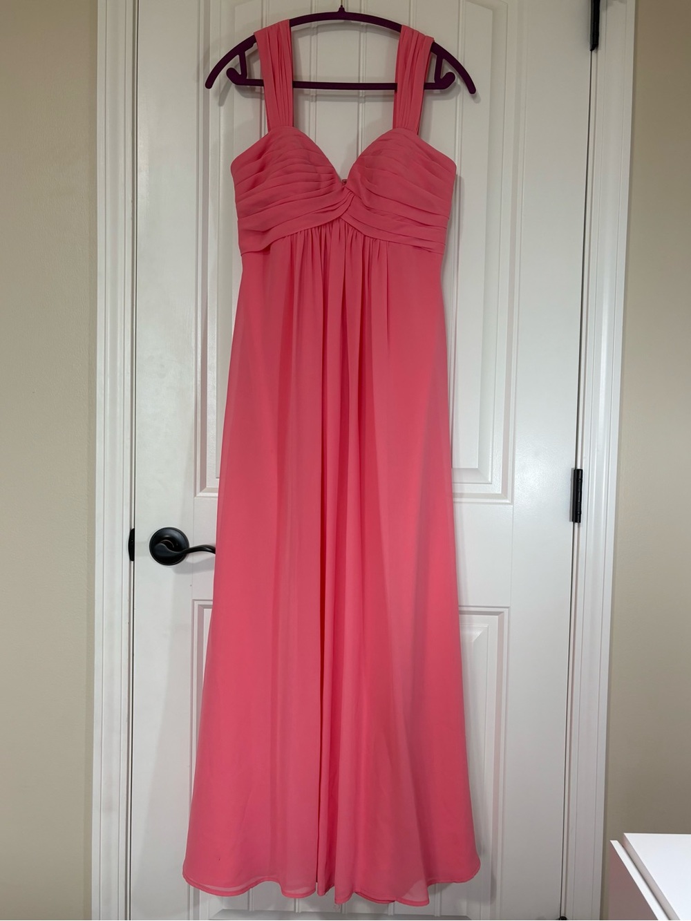 Bill Levkoff Coral Pink Pleated Chiffon Maxi Dress
